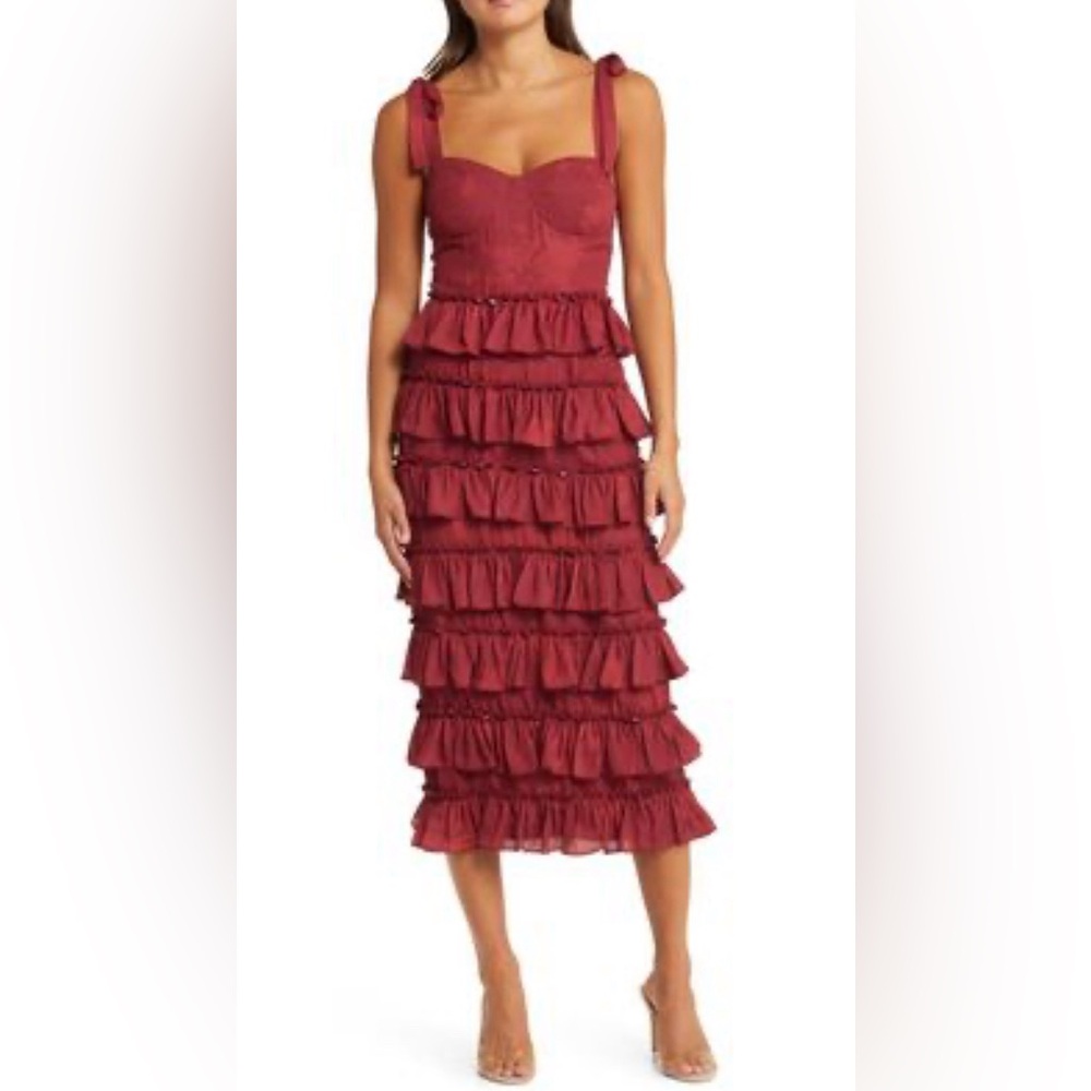 NWT - WAYF Masie Floral Tiered Ruffle Corset Dress in Burgundy Shadow
